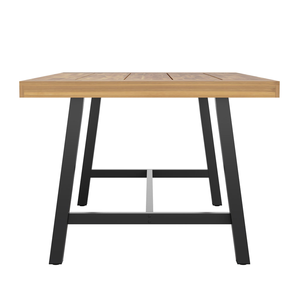 Rafe Commercial Grade Acacia Wood Dining Table with Metal Base, Indoor/Outdoor Rectangle Patio Table with Plank Style Table Top