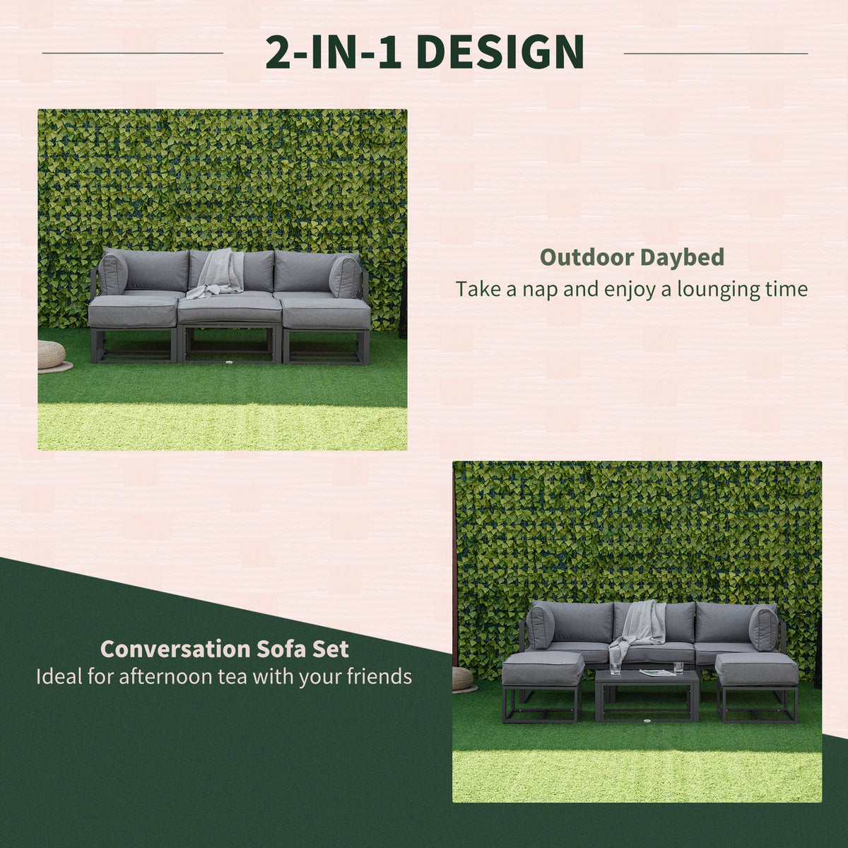6pc Outdoor Patio Furniture Set with Daybed and Footstools, Grey