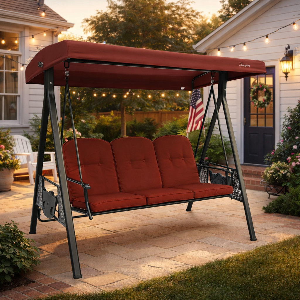 Kozyard Herbert Deluxe 3-Seat Patio Porch Swing with Stand, Adjustable Canopy, Outdoor Freestanding Swing Chair for Backyard, Poolside, Balcony, Weather-Resistant