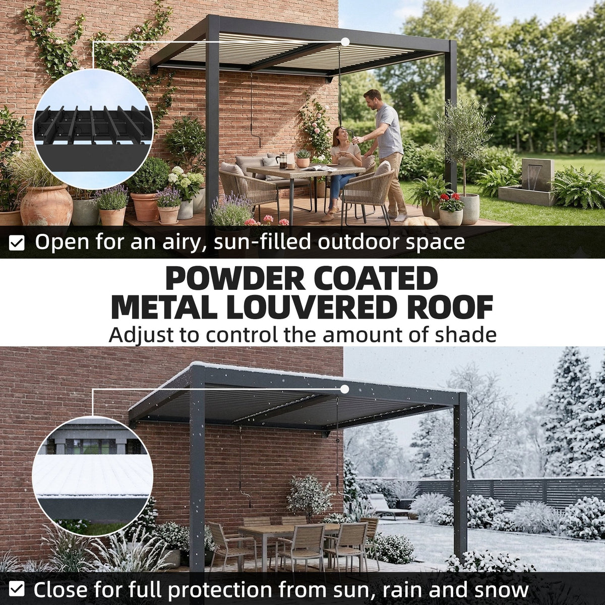 3 x 3 m Dark Grey Louvered Pergola with Adjustable Metal Roof, LED Lights