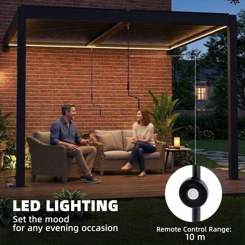 3 x 3 m Dark Grey Louvered Pergola with Adjustable Metal Roof, LED Lights
