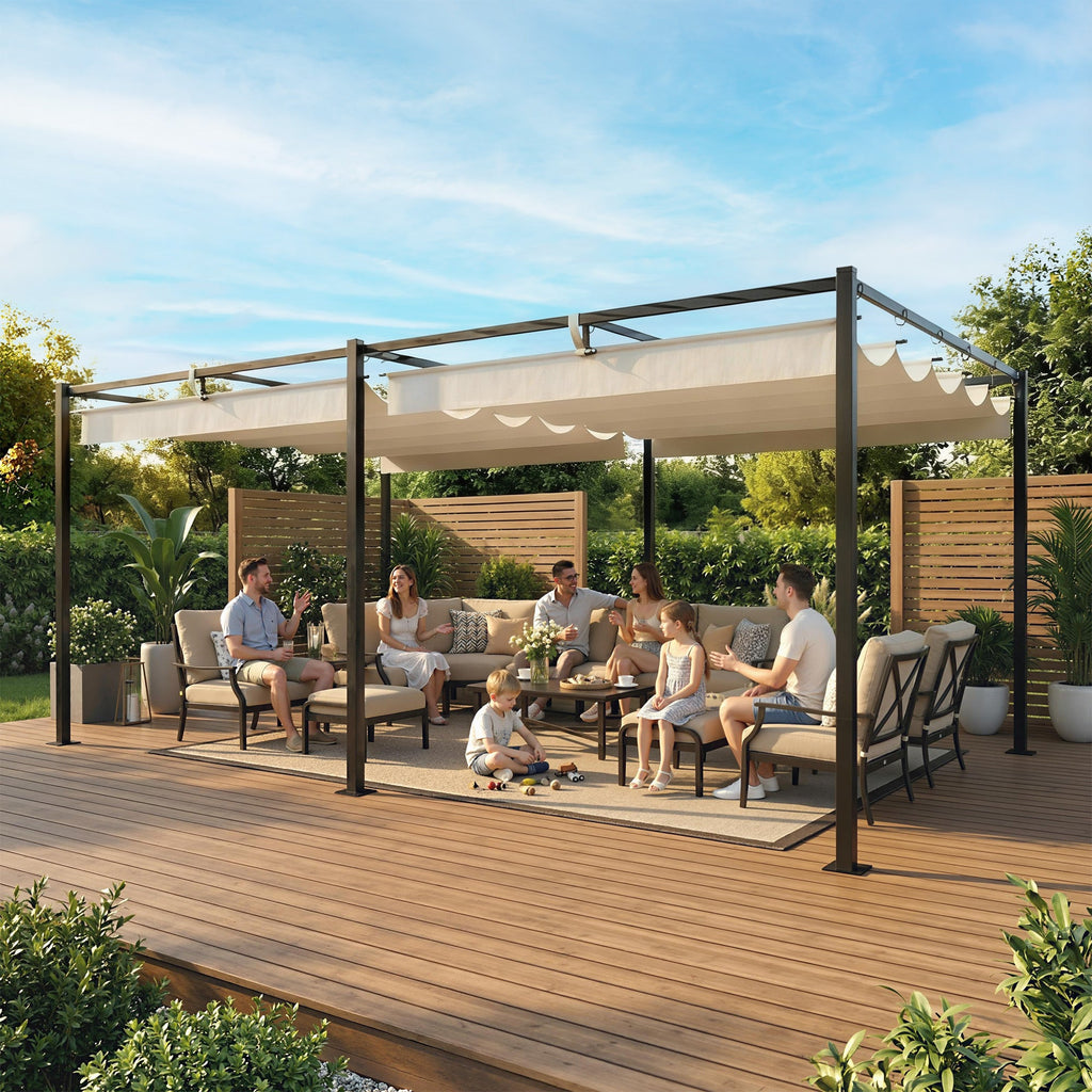 19' x 10' Pergola with Retractable Canopy, Cream White