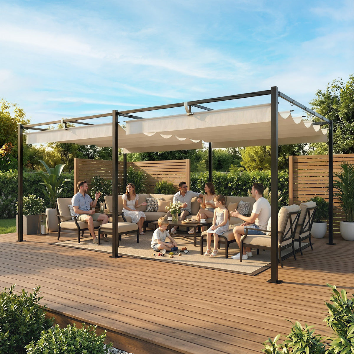19' x 10' Pergola with Retractable Canopy, Cream White