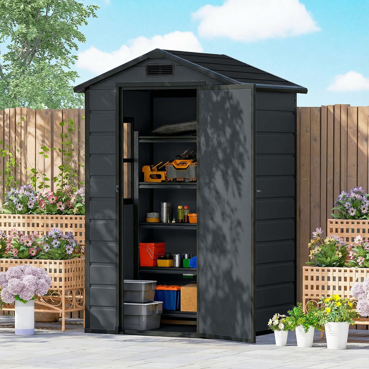 4' x 3' Plastic Garden Shed with Floor, Window and Vent, Dark Grey