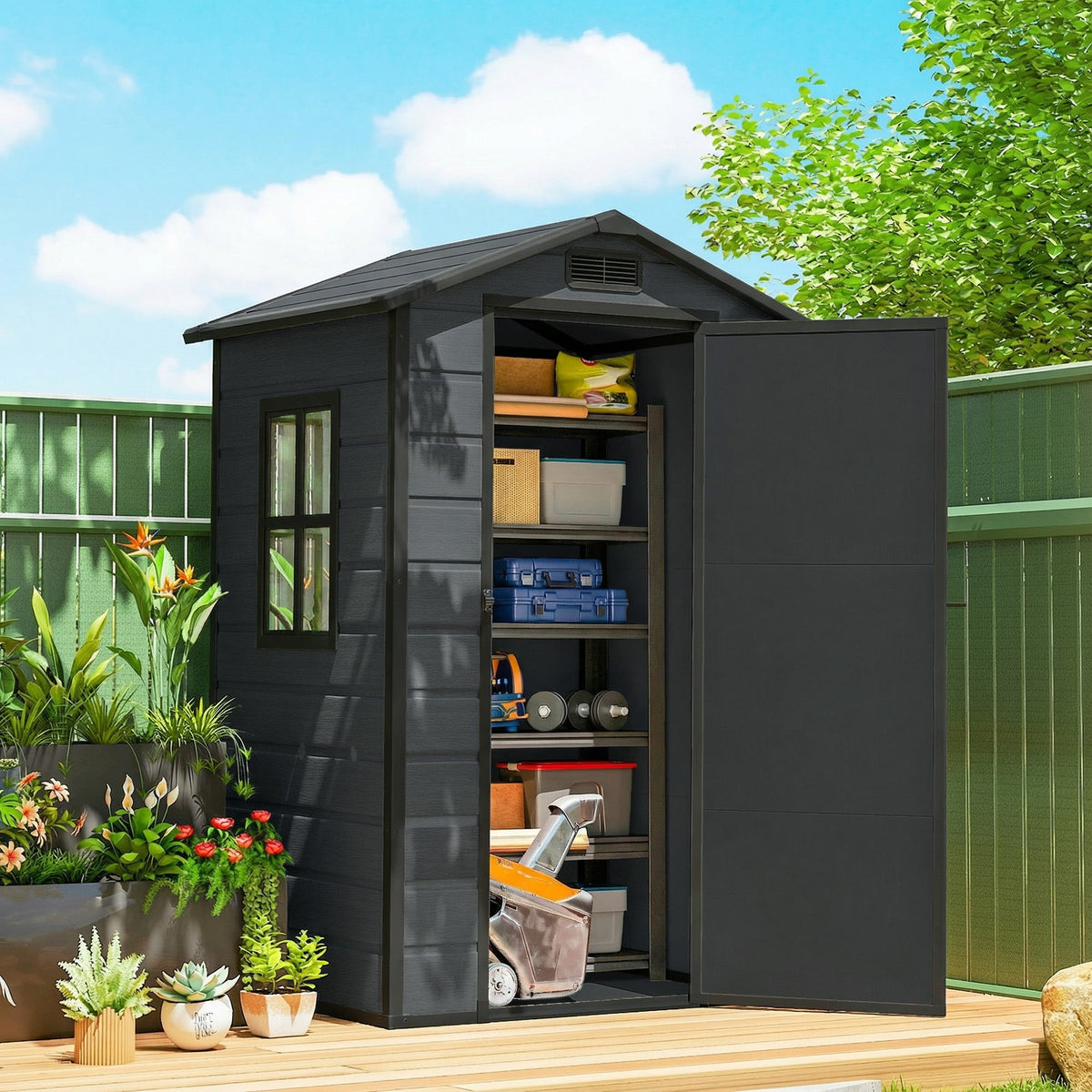 4' x 3' Plastic Garden Shed with Floor, Window and Vent, Dark Grey