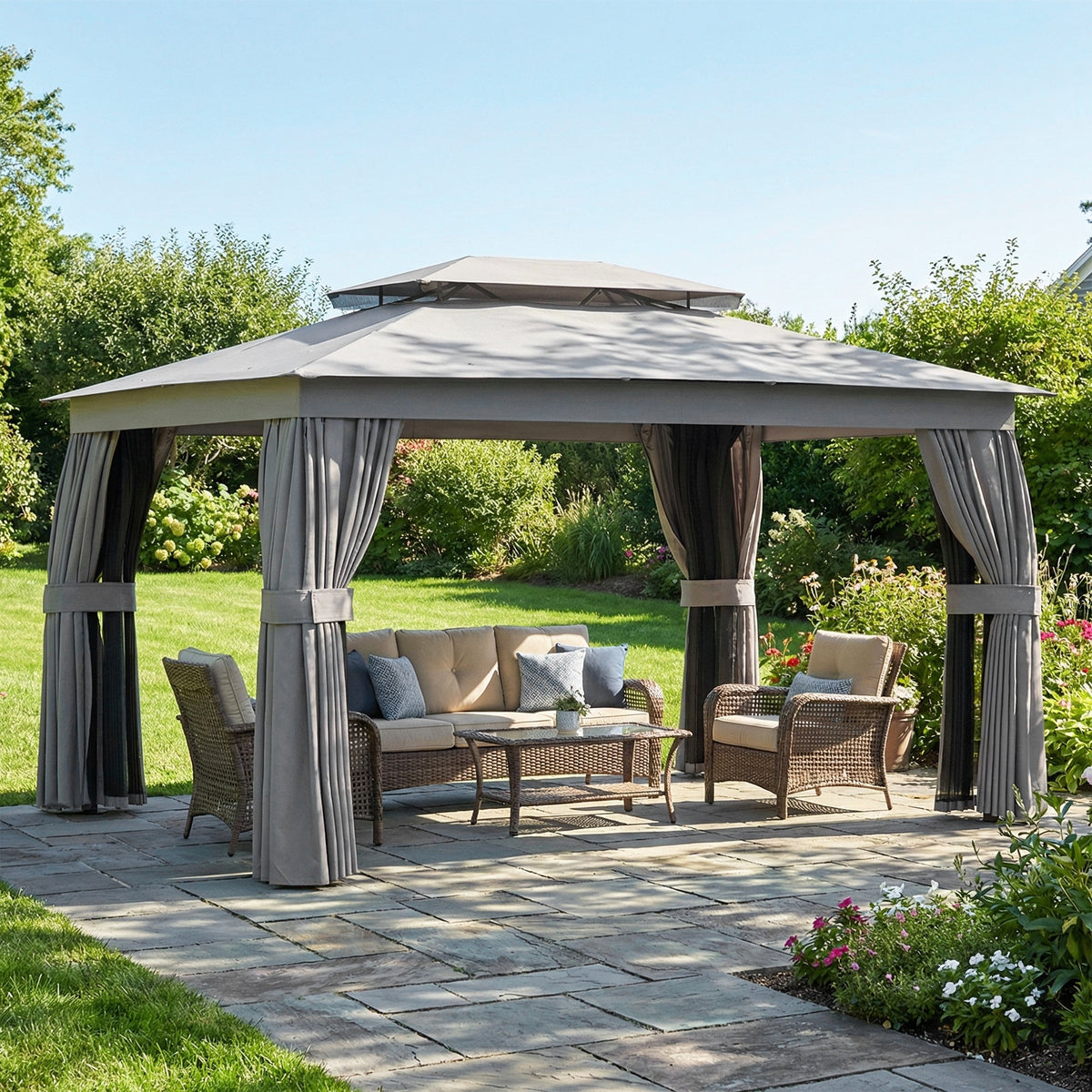 10' x 12.5' Outdoor Gazebo with Double Roof, Curtains and Netting, Dark Grey