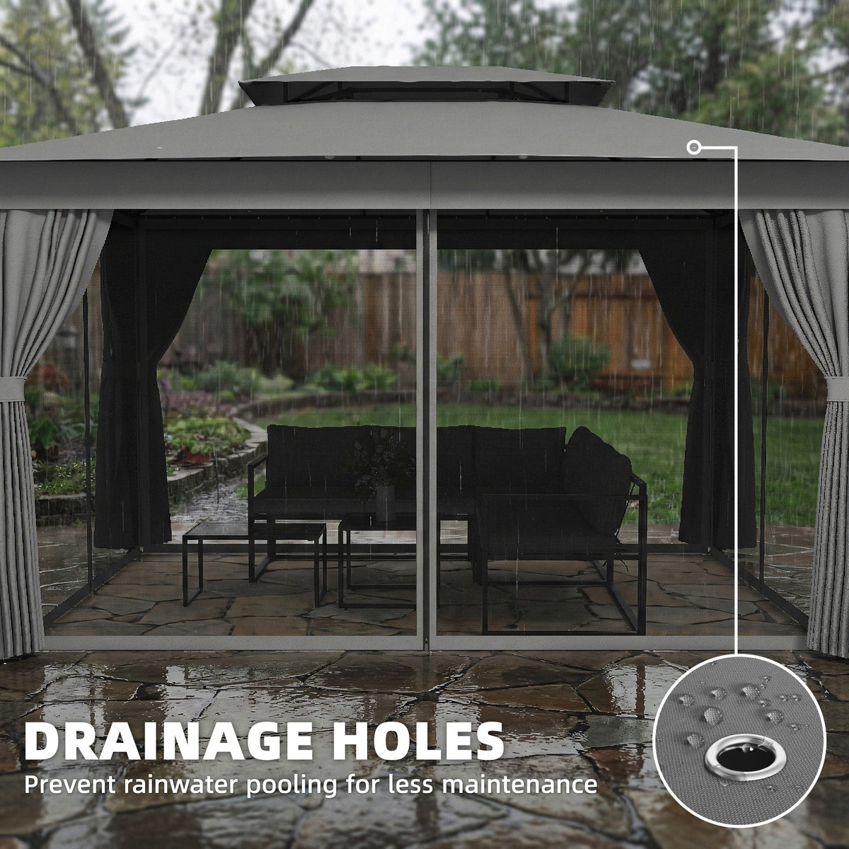 10' x 12.5' Outdoor Gazebo with Double Roof, Curtains and Netting, Dark Grey