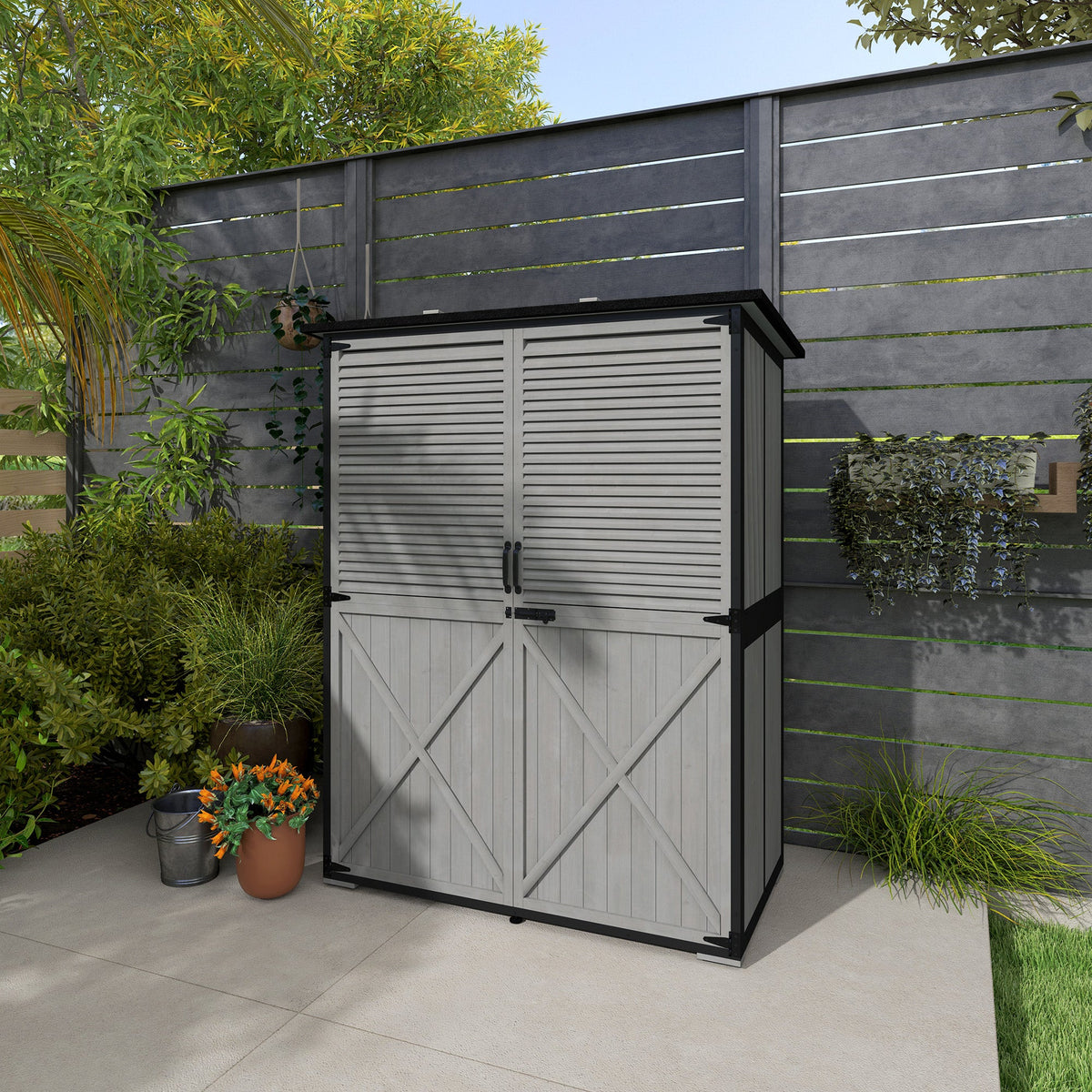 Wood Outdoor Storage Cabinet with Lock and Shelves, Gray