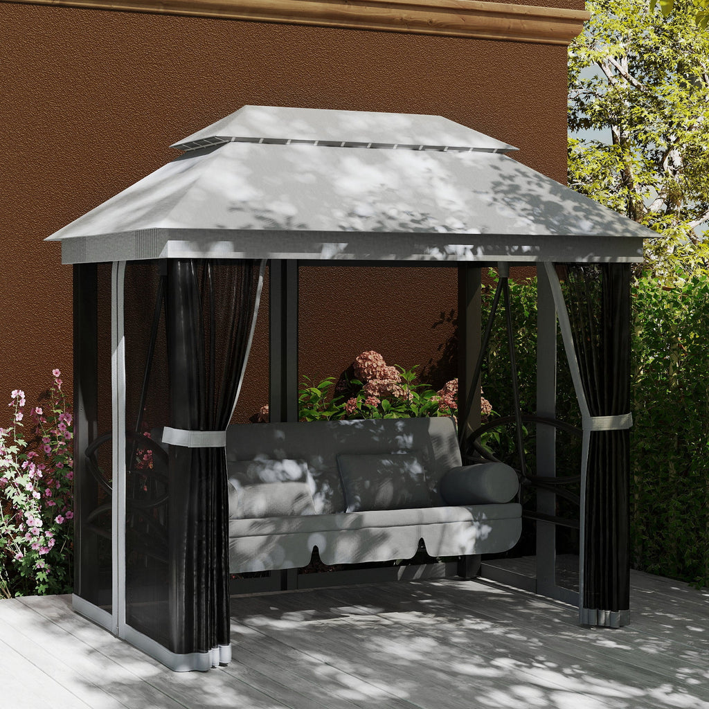 3-Seat Patio Swing Chair with Mesh Sidewalls, Gray