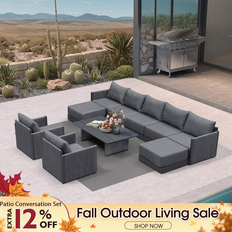 PURPLE LEAF Sanori Grey Symmetrical Outdoor Sectional  Modular Design with Cushions and Ottoman for Porch