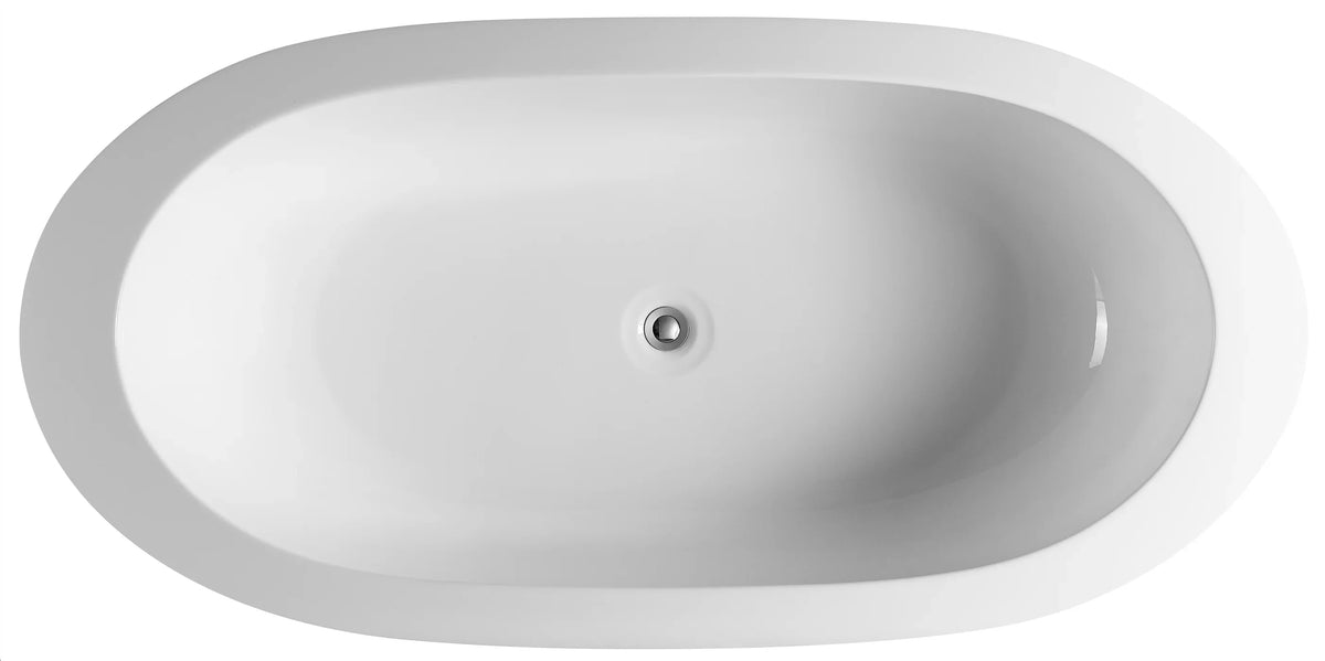 Baignoire îlot ovale double dos en acrylique 72", bonde centrale, fond plat, blanc brillant