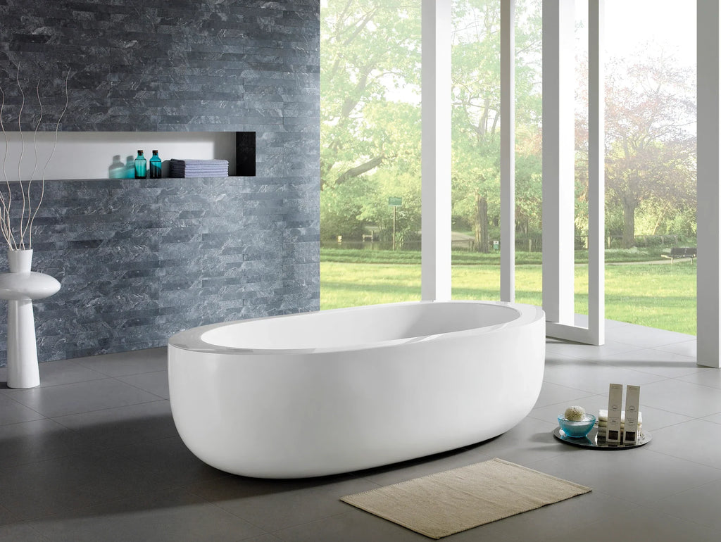 Baignoire îlot ovale double dos en acrylique 72", bonde centrale, fond plat, blanc brillant