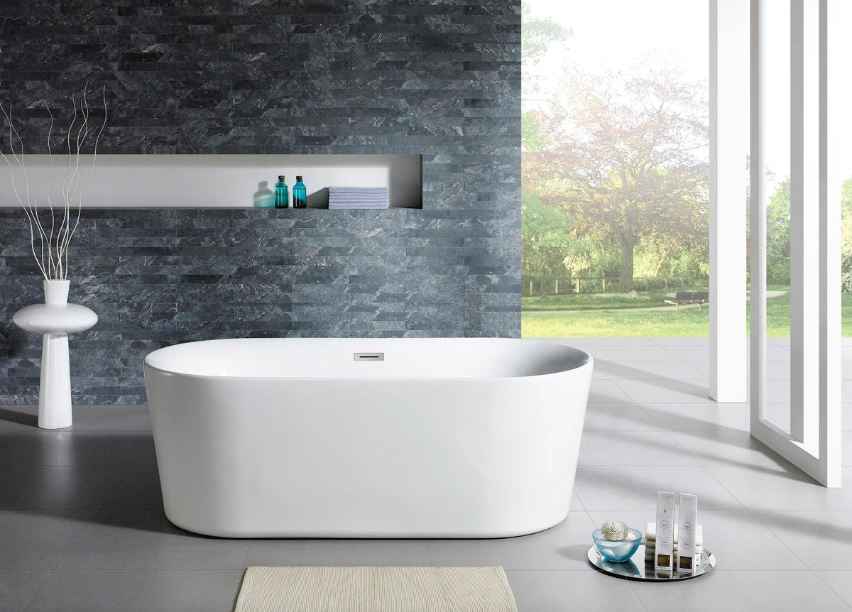 Baignoire îlot ovale double dos en acrylique 67", fond plat, blanc brillant