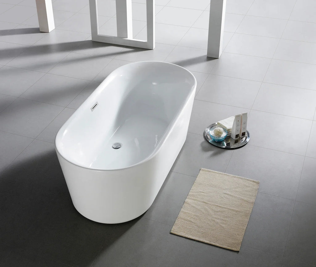 Baignoire îlot ovale double dos en acrylique 67", fond plat, blanc brillant