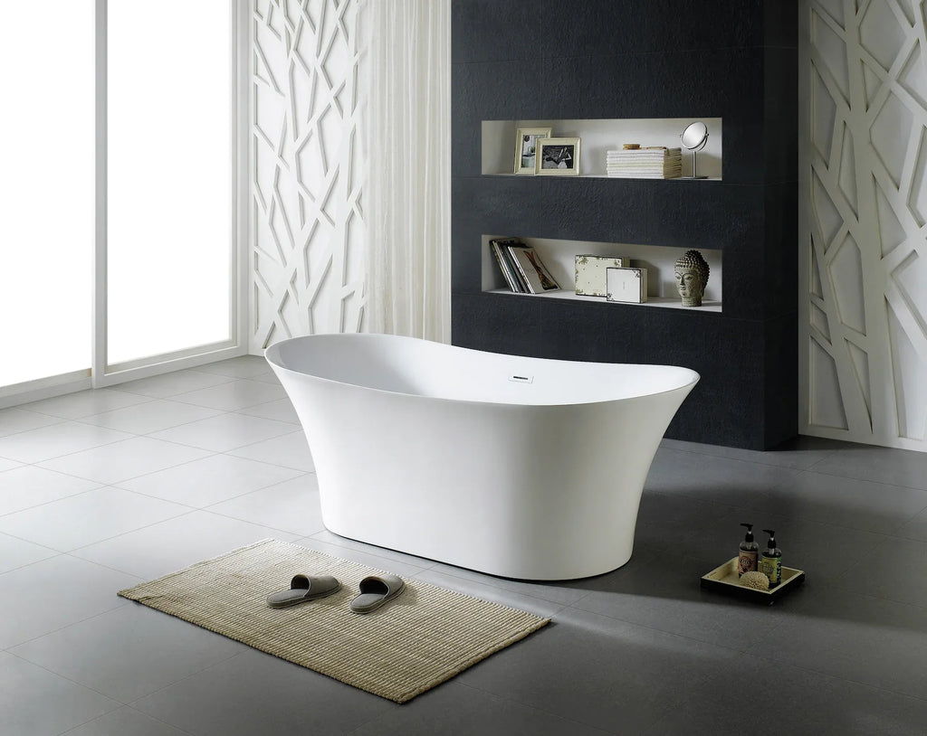 Baignoire îlot ovale double dos en acrylique 71", bonde centrale, fond plat, blanc brillant