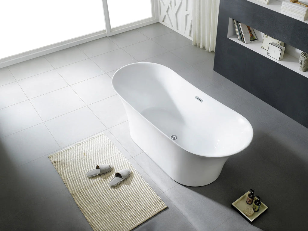 Baignoire îlot ovale double dos en acrylique 71", bonde centrale, fond plat, blanc brillant