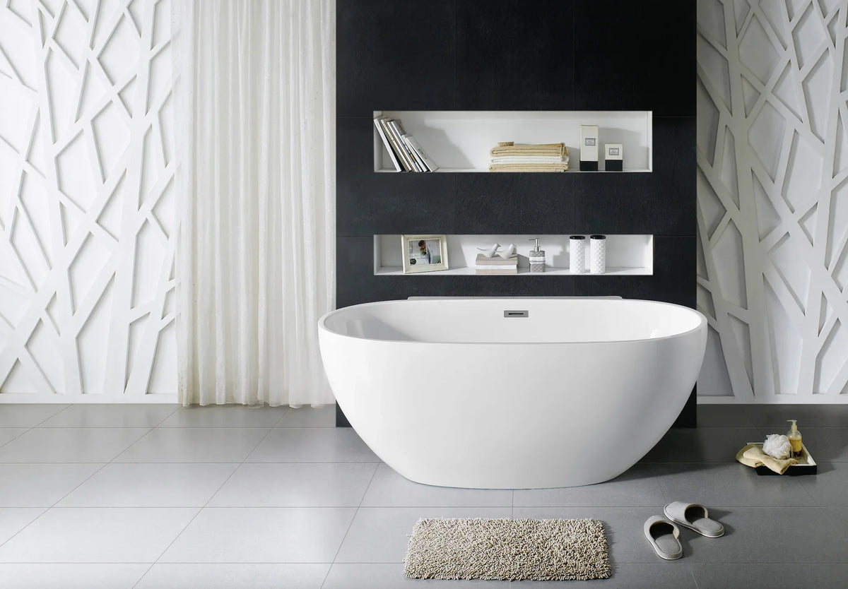 Baignoire îlot ovale double dos en acrylique 65", bonde centrale, fond plat, blanc brillant