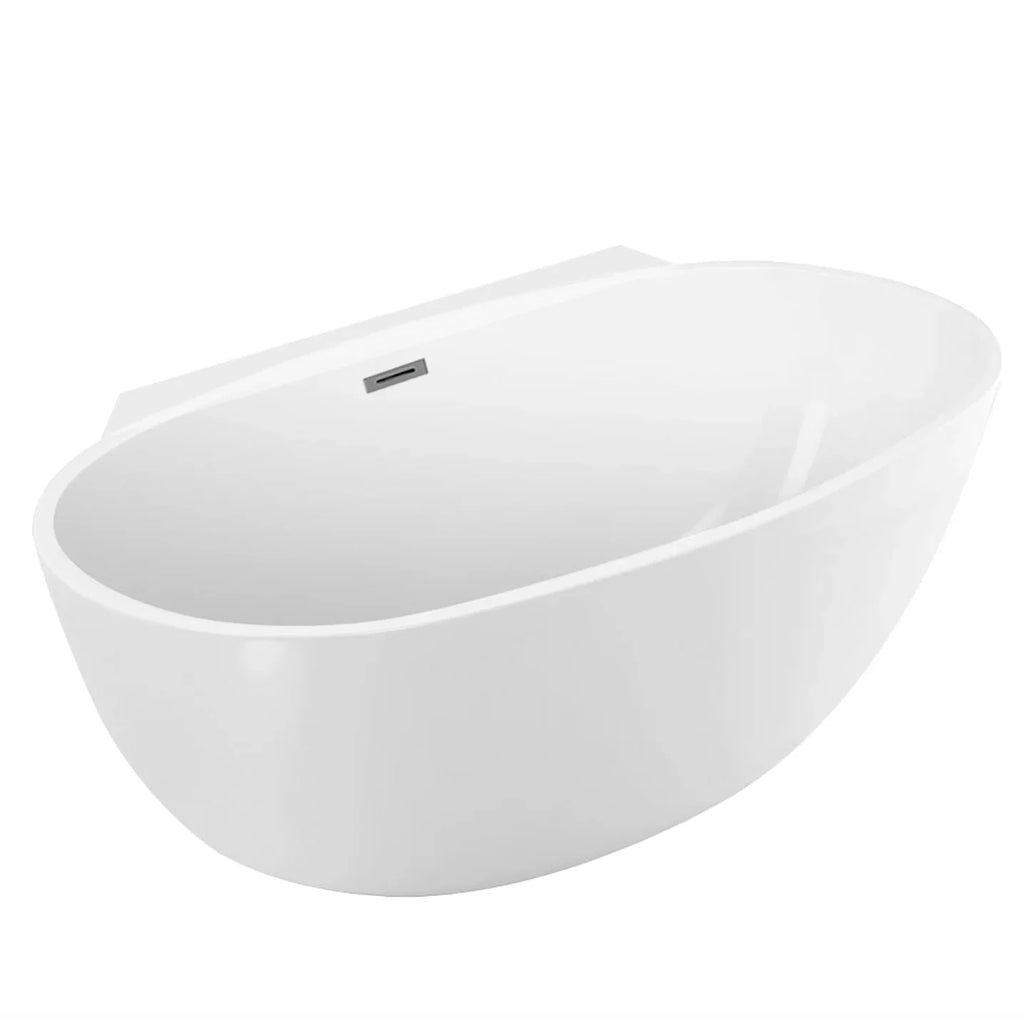 Baignoire îlot ovale double dos en acrylique 65", bonde centrale, fond plat, blanc brillant