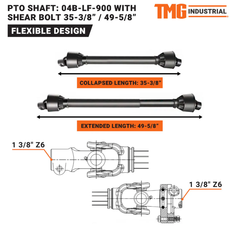 TMG-04B-LF-900 PTO Shaft for TFMS50, TFMS60, and TFMS72
