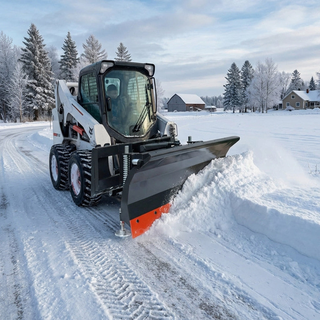 72" Skid Steer Dozer Blade/Snow Pusher, 30° Left & Right, Bolt-On Cutting Edge, Adjustable Skid Shoes, Universal Quick Mount, TMG-DB72