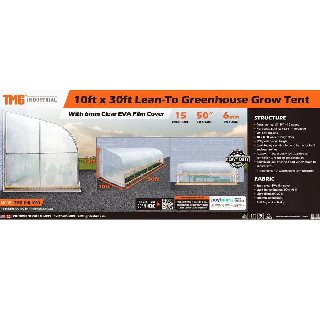 10' x 30' Lean-To Greenhouse Grow Tent w/6 Mil Clear EVA Plastic Film, Cold Frame, Hand Crank Roll-Up Side, 6-½' Sidewall, TMG-GHL1030-V2 (Previously GHL1030)