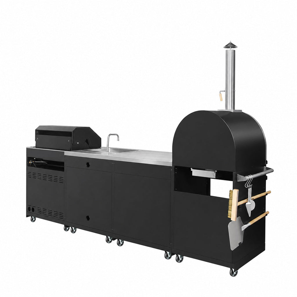 11' 4-Burner Outdoor Kitchen Island (Black), 48000 BTUs, Built-In Pizza Oven, ¾" Cordierite Pizza Stone, CSA Certified, TMG-LKS11B