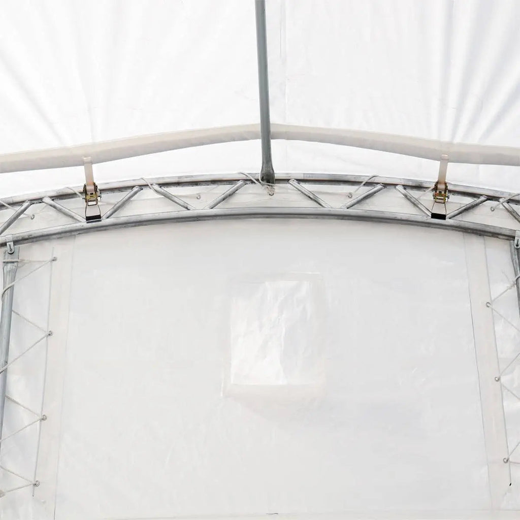 30' x 20' Dual Truss Container Shelter with Heavy Duty 17 oz PVC Cover, Enclosed End Wall & Front Drop, TMG-DT3020CF