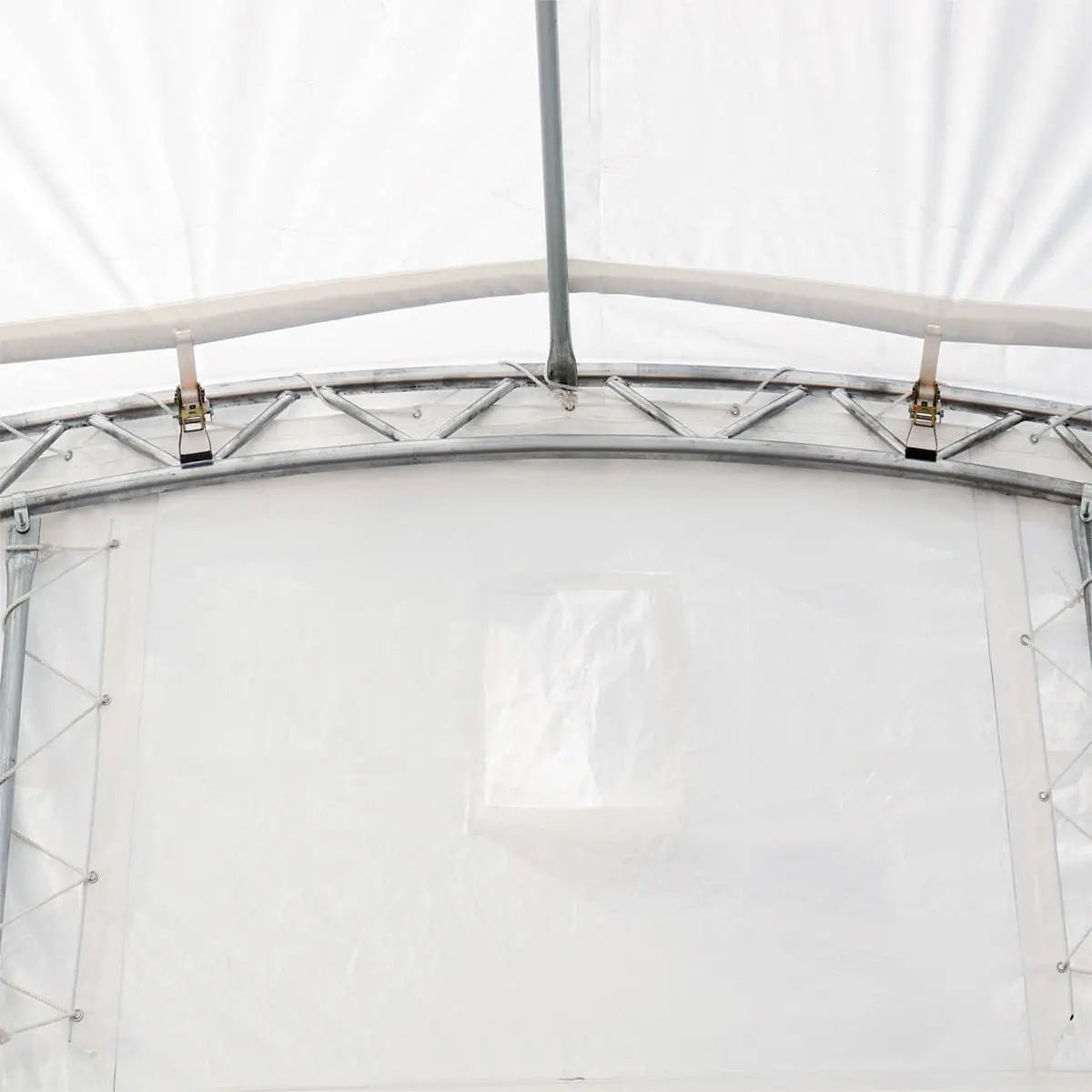 30' x 20' Dual Truss Container Shelter with Heavy Duty 17 oz PVC Cover, Enclosed End Wall & Front Drop, TMG-DT3020CF