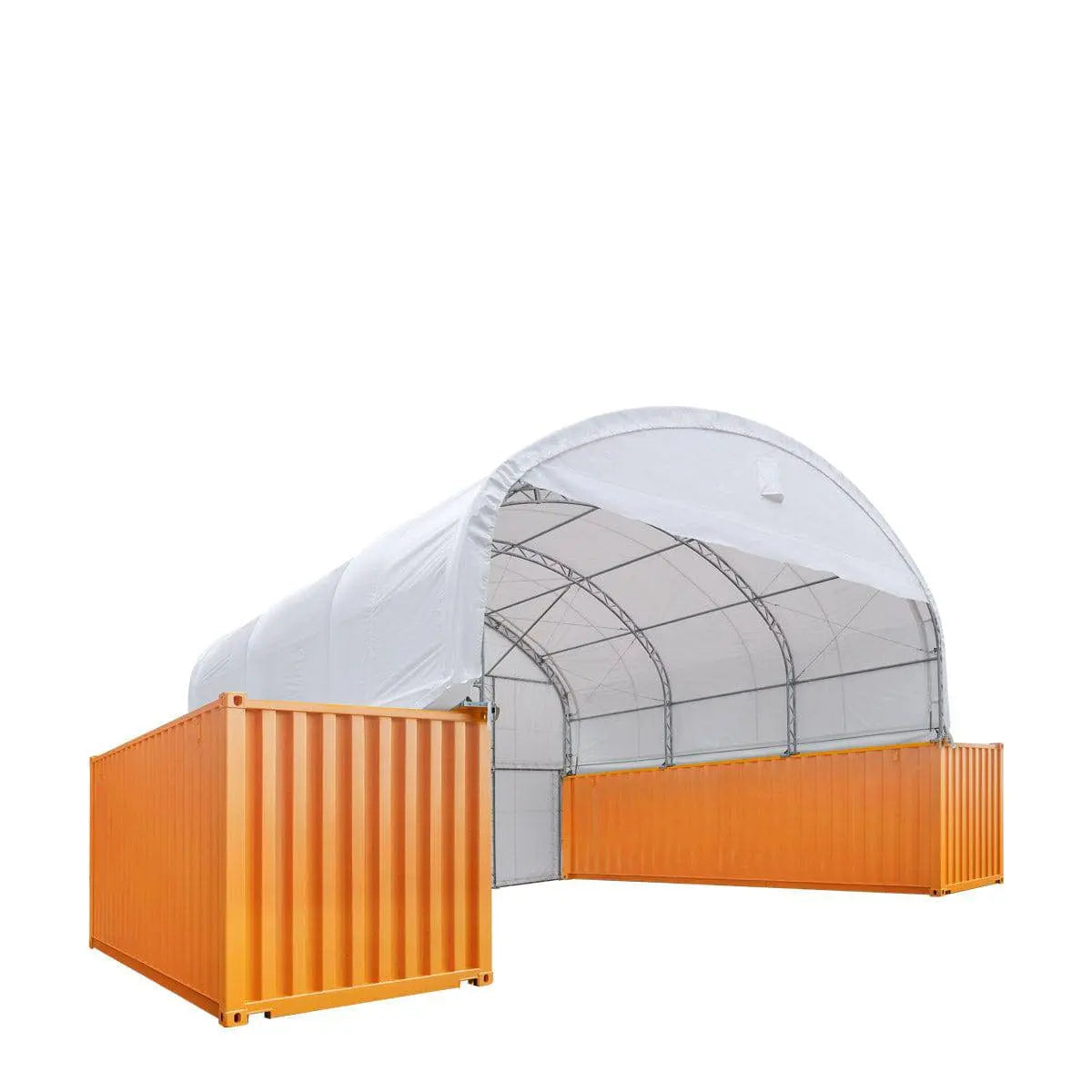 30' x 20' Dual Truss Container Shelter with Heavy Duty 17 oz PVC Cover, Enclosed End Wall & Front Drop, TMG-DT3020CF
