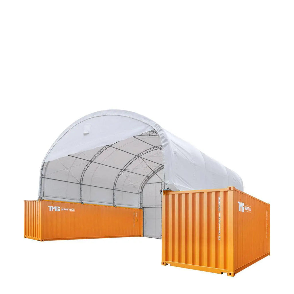 30' x 20' Dual Truss Container Shelter with Heavy Duty 17 oz PVC Cover, Enclosed End Wall & Front Drop, TMG-DT3020CF