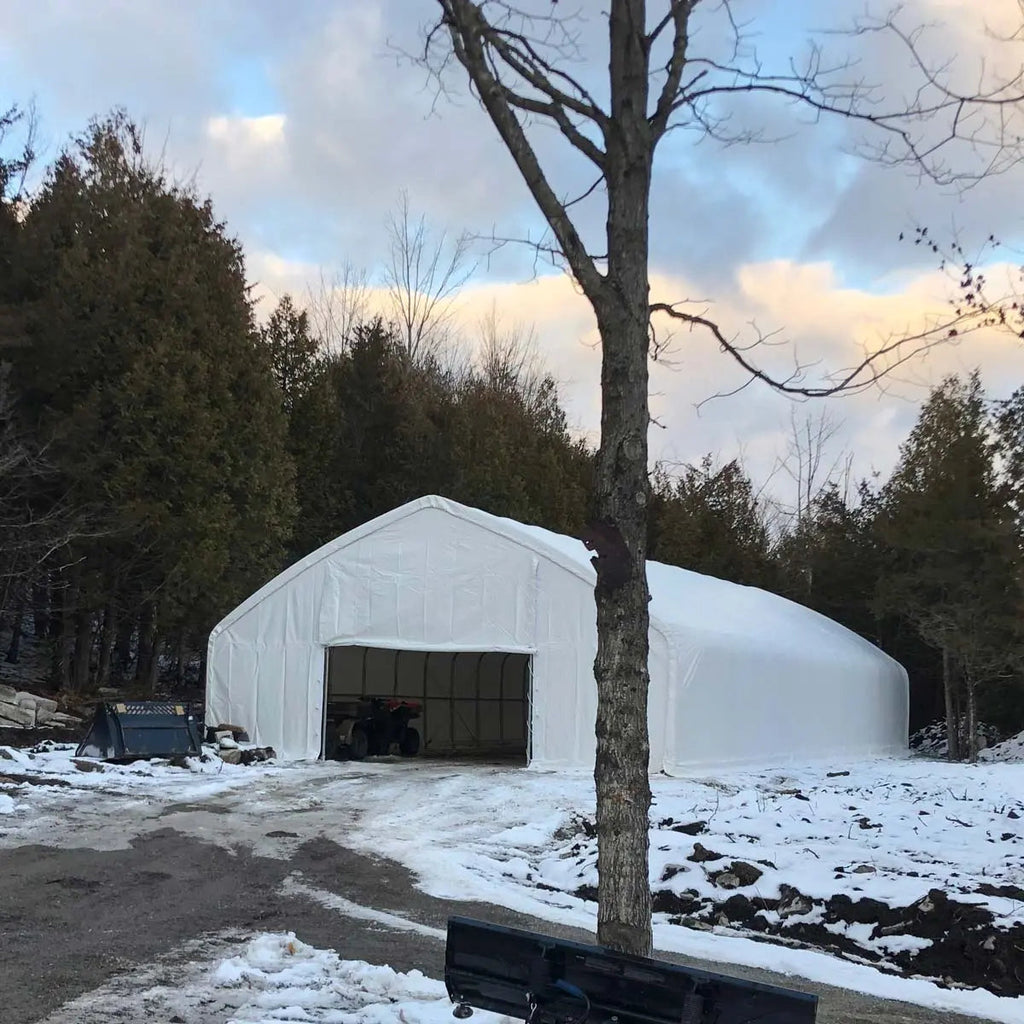 30' x 50' Straight Wall Peak Ceiling Storage Shelter with Heavy Duty 17 oz PVC Cover & Drive Through Doors, TMG-ST3050V (Discontinued – No Longer Available)