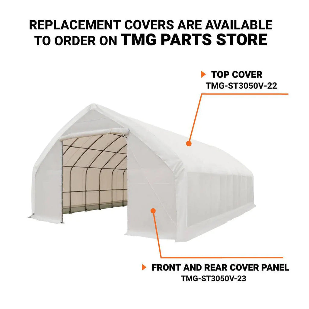 30' x 50' Straight Wall Peak Ceiling Storage Shelter with Heavy Duty 17 oz PVC Cover & Drive Through Doors, TMG-ST3050V (Discontinued – No Longer Available)