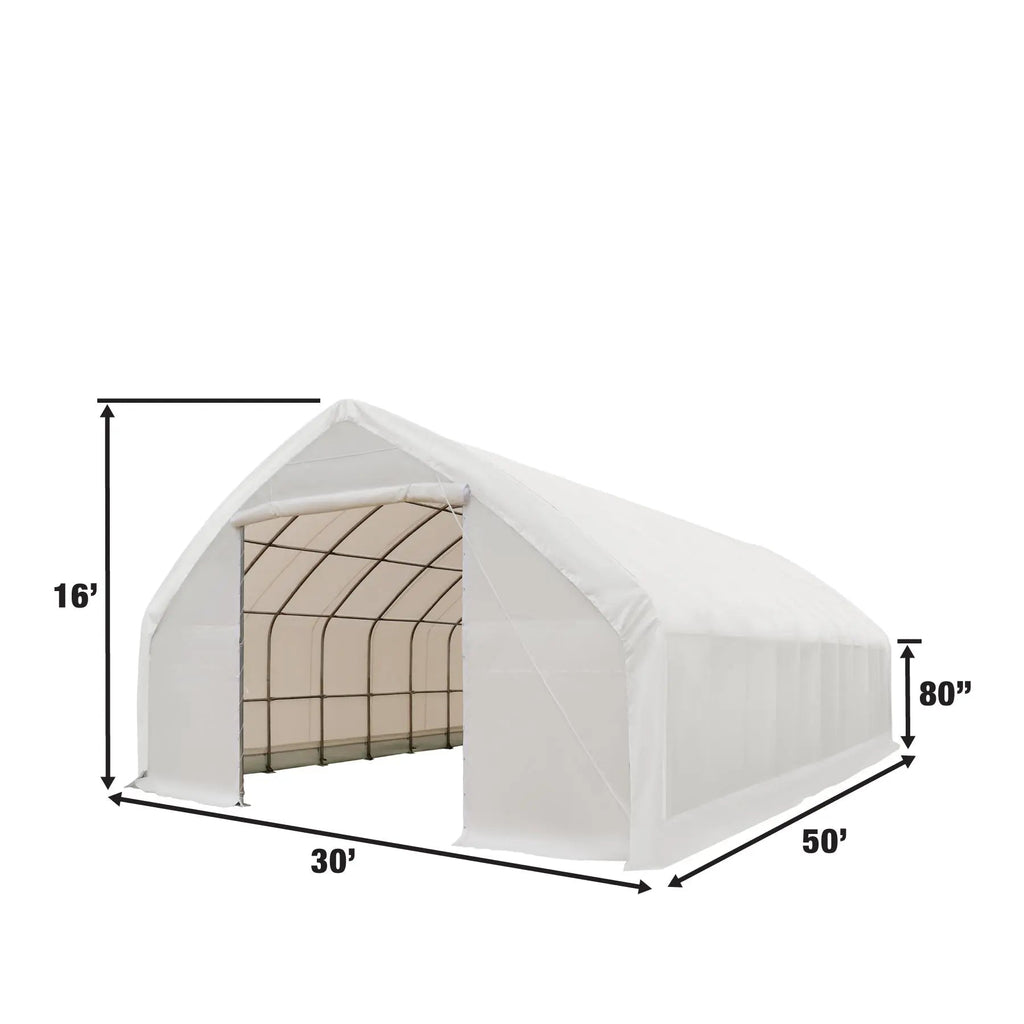30' x 50' Straight Wall Peak Ceiling Storage Shelter with Heavy Duty 17 oz PVC Cover & Drive Through Doors, TMG-ST3050V (Discontinued – No Longer Available)