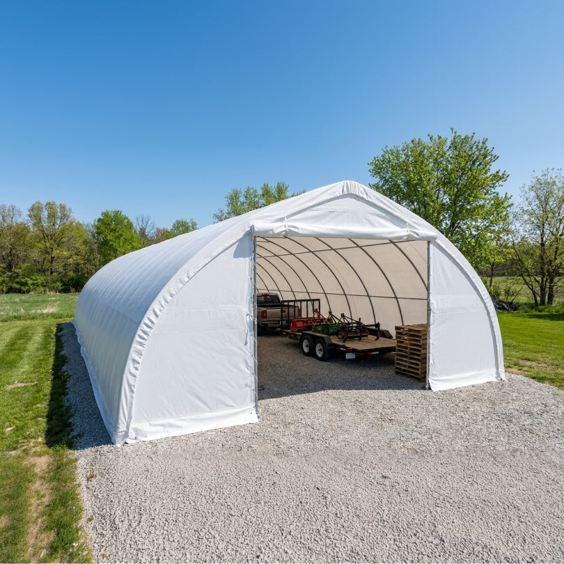 30' x 80' Peak Ceiling Storage Shelter with Heavy Duty 11 oz PE Cover & Drive Through Doors, TMG-ST3082E (Previously ST3080E)