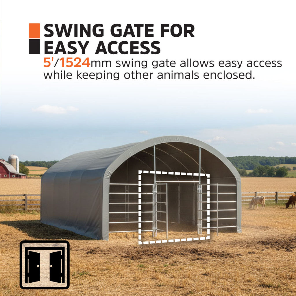 TMG Heavy Series™ 20' x 20' Livestock Corral Shelter, 12' Dome Roof, 17 oz Military Green PVC Covering, 6-Bar Corral Panels, 5' Front Swing Gate, TMG-ST2022L