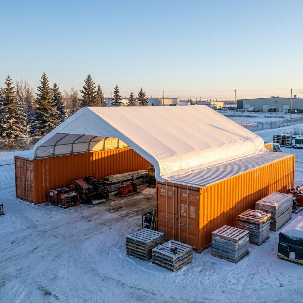 30' x 40' PVC Fabric Container Shelter, Peak Roof, with End Wall & Partial Front Drop, TMG-ST3042CVF (Previously ST3041CVF)