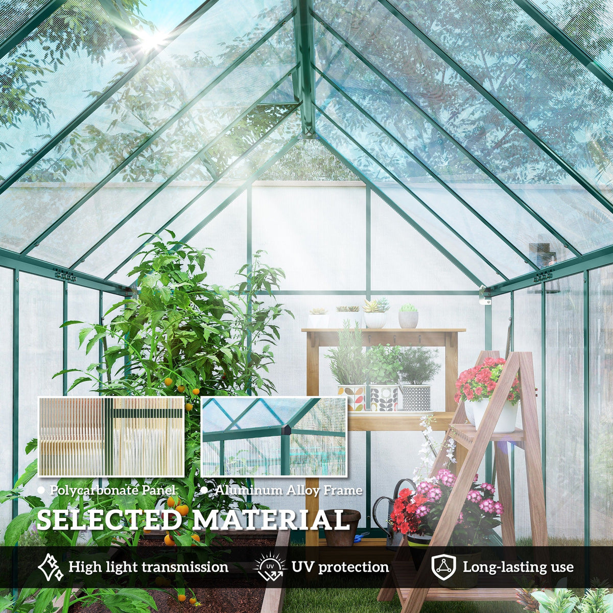 11' x 6' Polycarbonate Walk-in Greenhouse, Dark Green