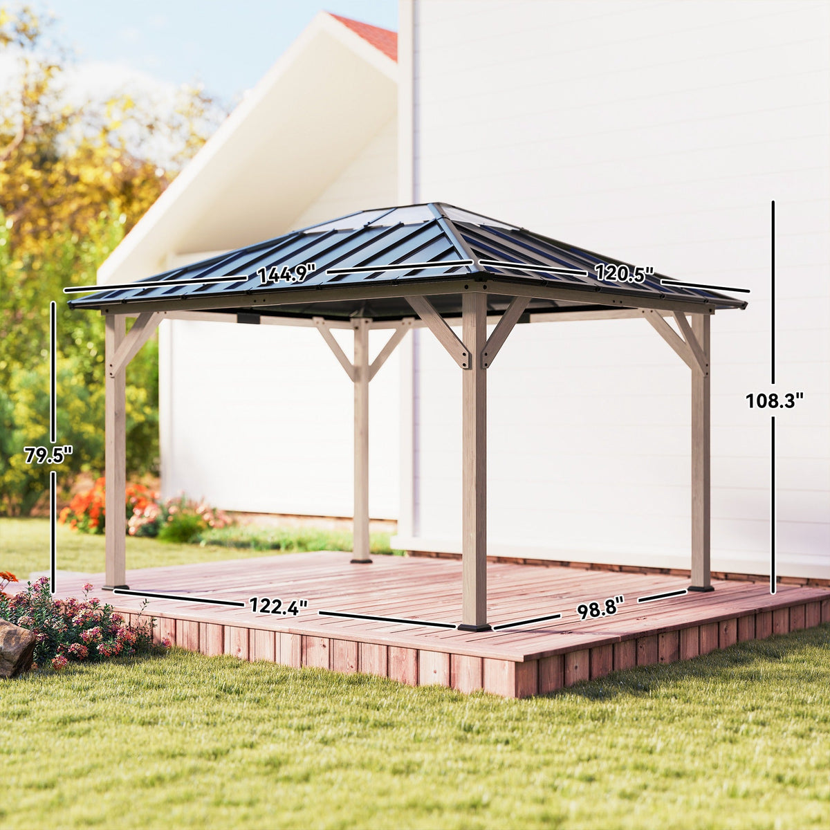 10' x 12' Wood Hardtop Gazebo with Clear Roof, Light Walnut