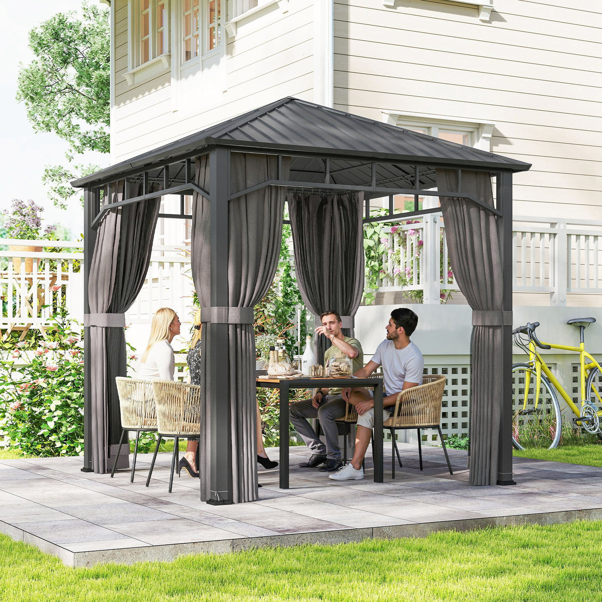 2.5 x 2.5 m Hardtop Gazebo with Galvanised Roof, Netting & Curtains, Dark Grey
