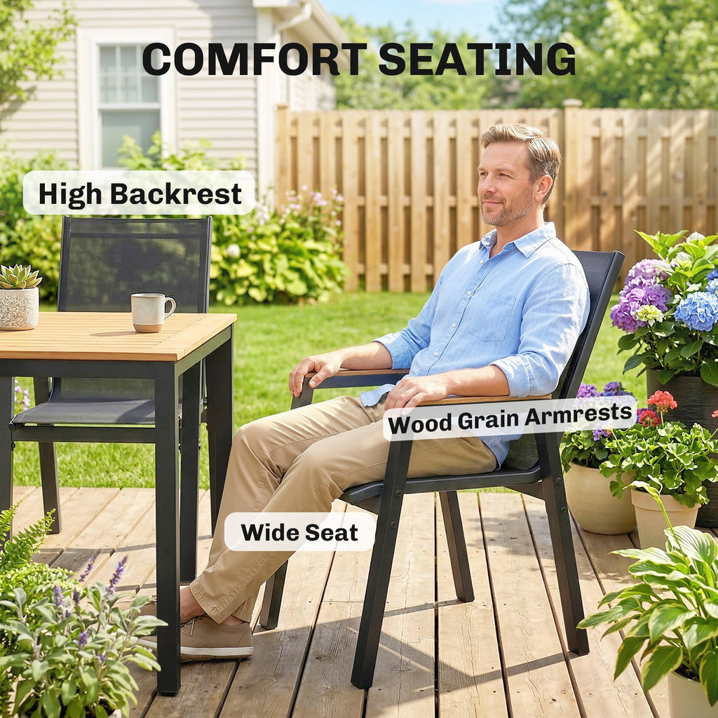 7-Piece Outdoor Dining Set with Slatted Rectangle Table and 6 Mesh Chairs, Black