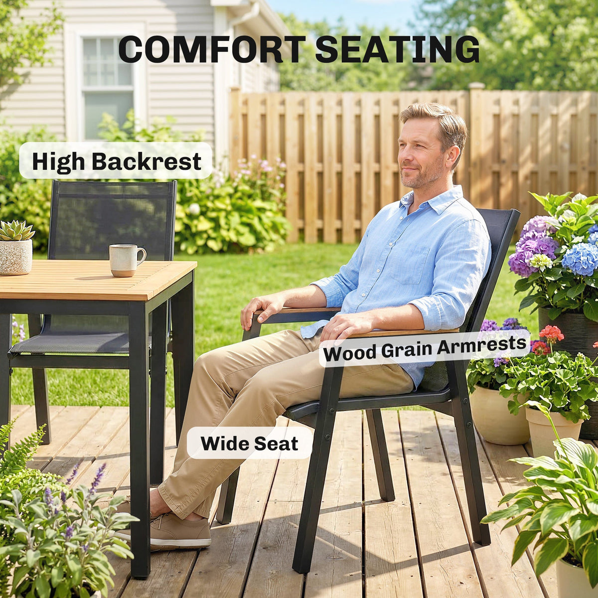 7-Piece Outdoor Dining Set with Slatted Rectangle Table and 6 Mesh Chairs, Black