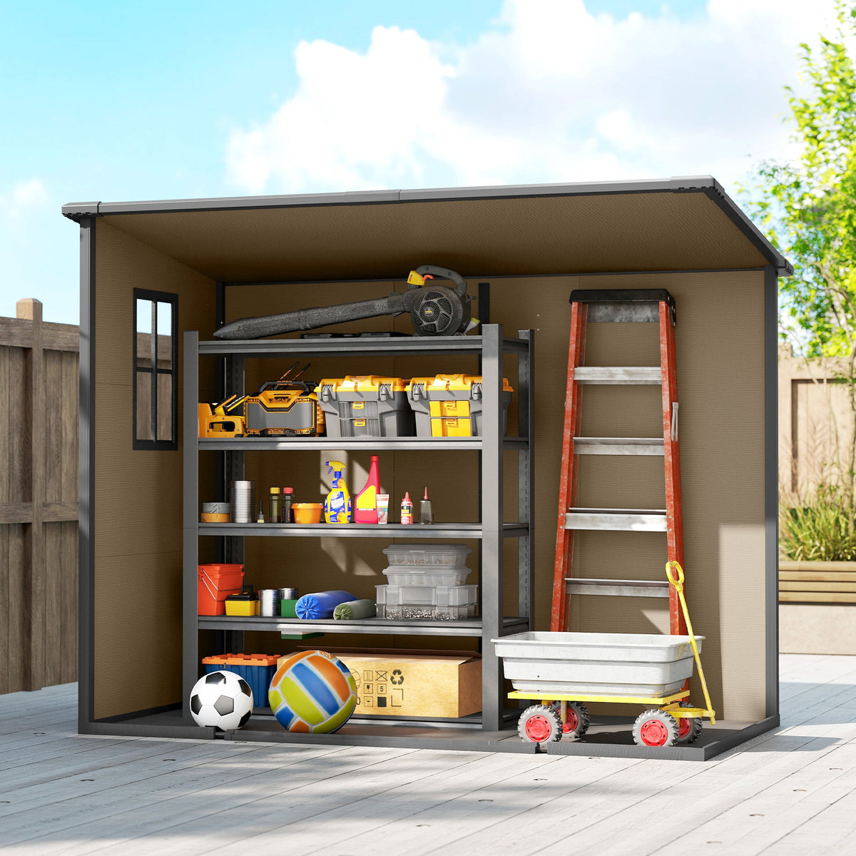 EverBase 8' x 4' Outdoor Storage Shed with Window, Lockable Doors and Vents, Light Brown