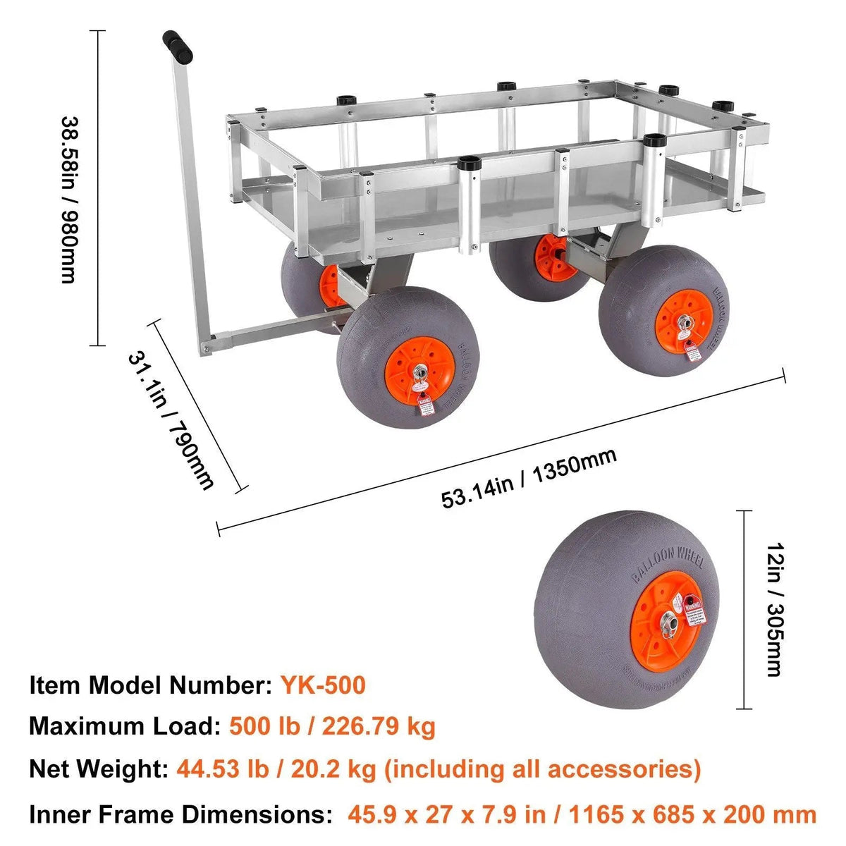 500 lbs Beach Fishing Cart, 13" PU Balloon Tires, Heavy-Duty Aluminum Frame, 6 Rod Holders, DOBA-MC500