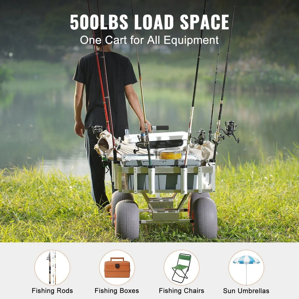 500 lbs Beach Fishing Cart, 13" PU Balloon Tires, Heavy-Duty Aluminum Frame, 6 Rod Holders, DOBA-MC500