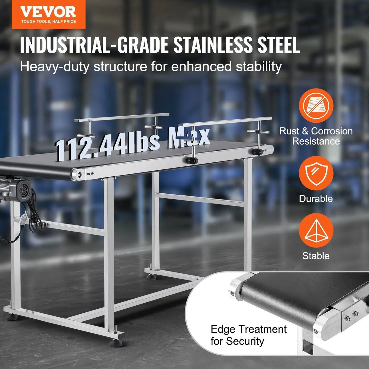59" x 23.6" Motorized Belt Conveyor, Stainless Steel Frame, Adjustable Speed, Anti-Static PVC Belt, DOBA-CB59