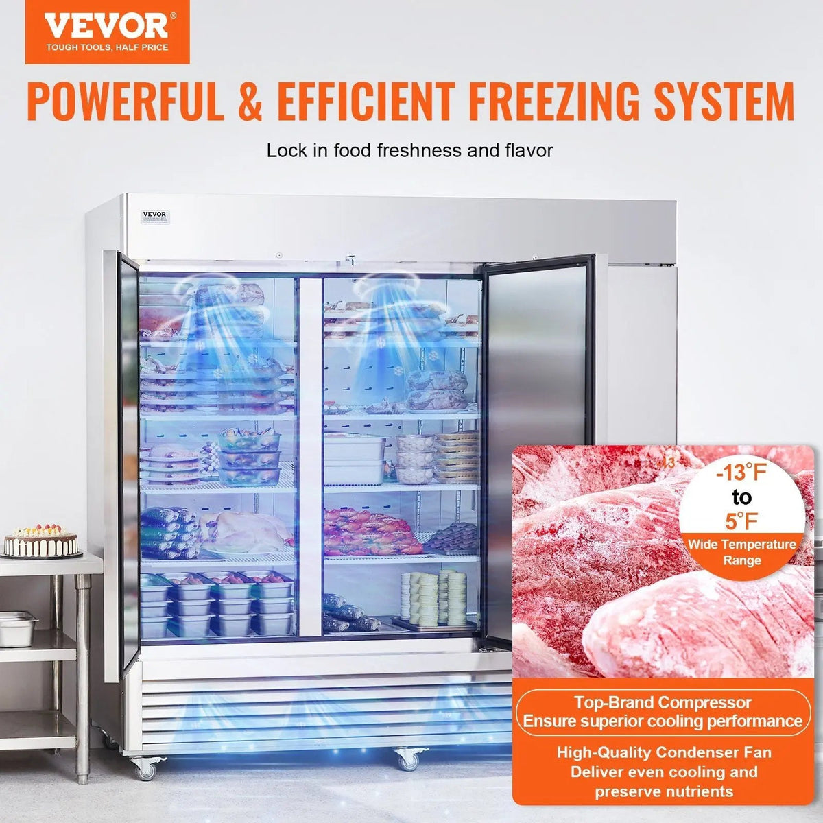 60.42 Cu.ft Upright Freezer, 82.5" Wide, 3 Doors, Auto-Defrost, 12 Adjustable Shelves, DOBA-FZ60