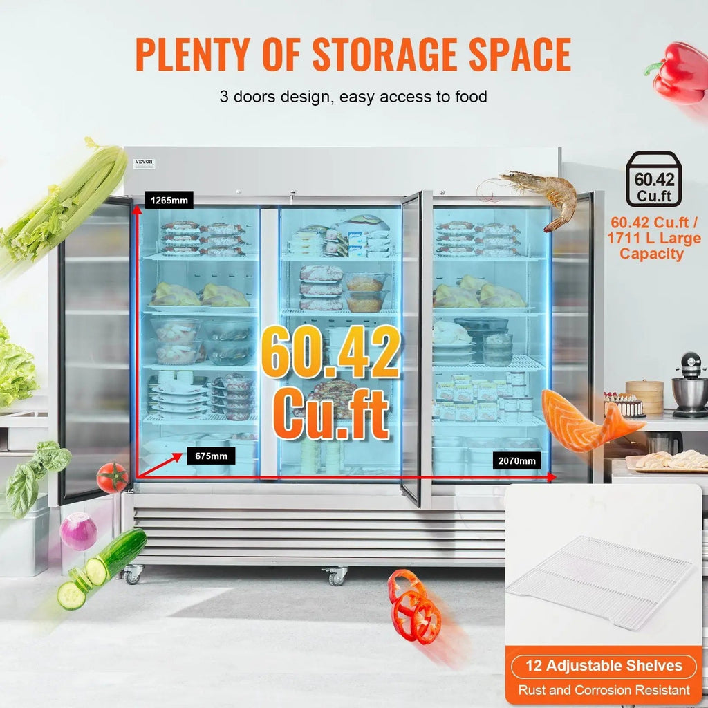 60.42 Cu.ft Upright Freezer, 82.5" Wide, 3 Doors, Auto-Defrost, 12 Adjustable Shelves, DOBA-FZ60