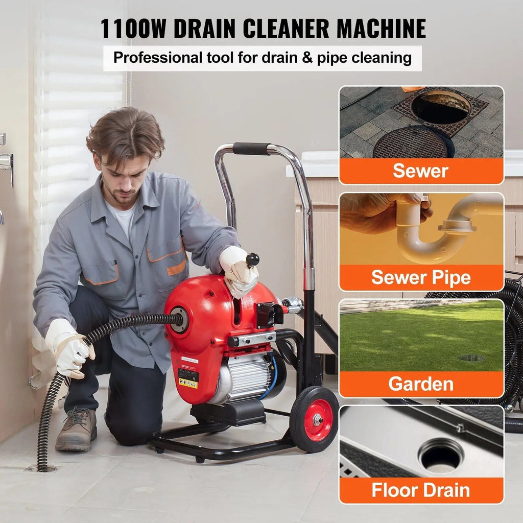 120FT x 6/5" Drain Cleaner Machine, 1100W Motor, Sectional Snake Auger, Manual Feed Design, DOBA-DAC120