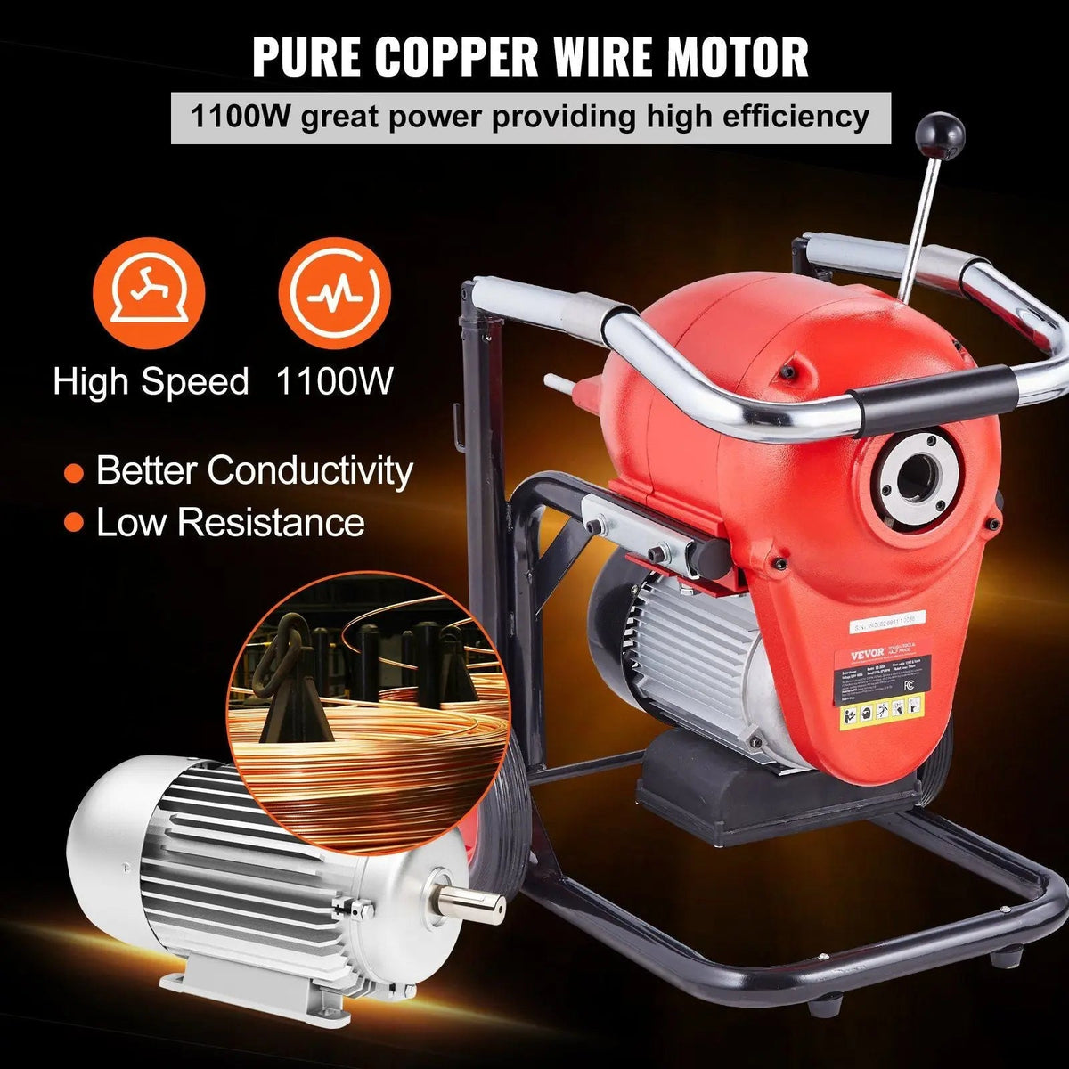120FT x 6/5" Drain Cleaner Machine, 1100W Motor, Sectional Snake Auger, Manual Feed Design, DOBA-DAC120