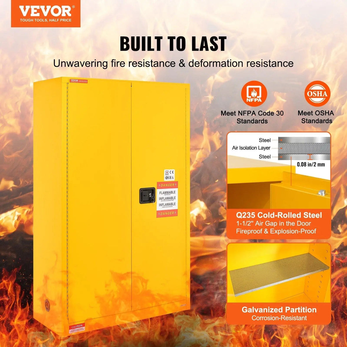 45 Gal Flammable Safety Cabinet, Cold-Rolled Steel, Explosion-Proof Design, 2 Adjustable Shelves, DOBA-CF45
